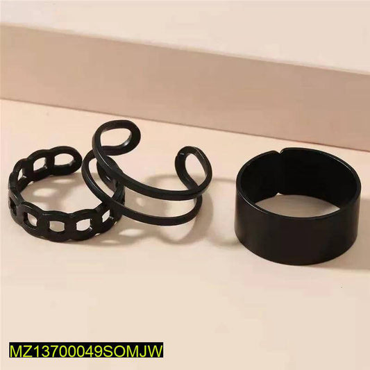 Matte Black Hip Hop Ring Set (3 Pcs) – Bold Adjustable Street Style